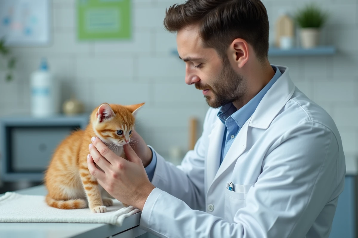 Vétérinaire nettoie l oeil d un chaton ginger dans une clinique